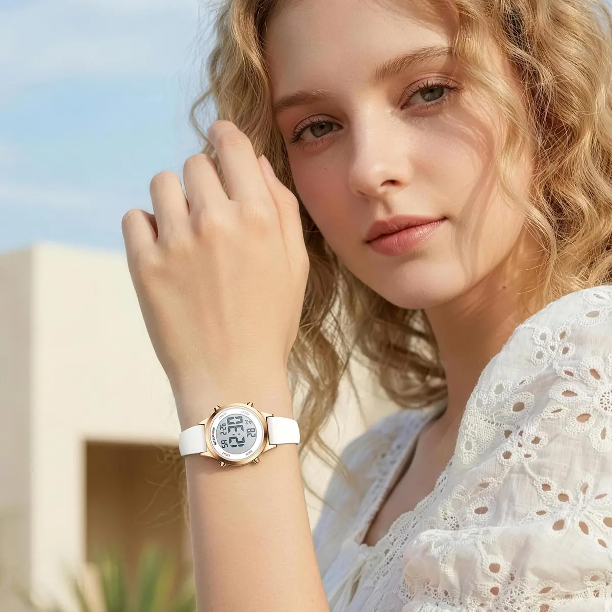 GOLDEN HOUR Women's Waterproof Digital Sports Watch 32mm Rose Gold Case in White Silicone Strap - view 7