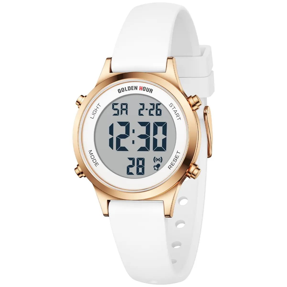 GOLDEN HOUR Women's Waterproof Digital Sports Watch 32mm Rose Gold Case in White Silicone Strap - view 2