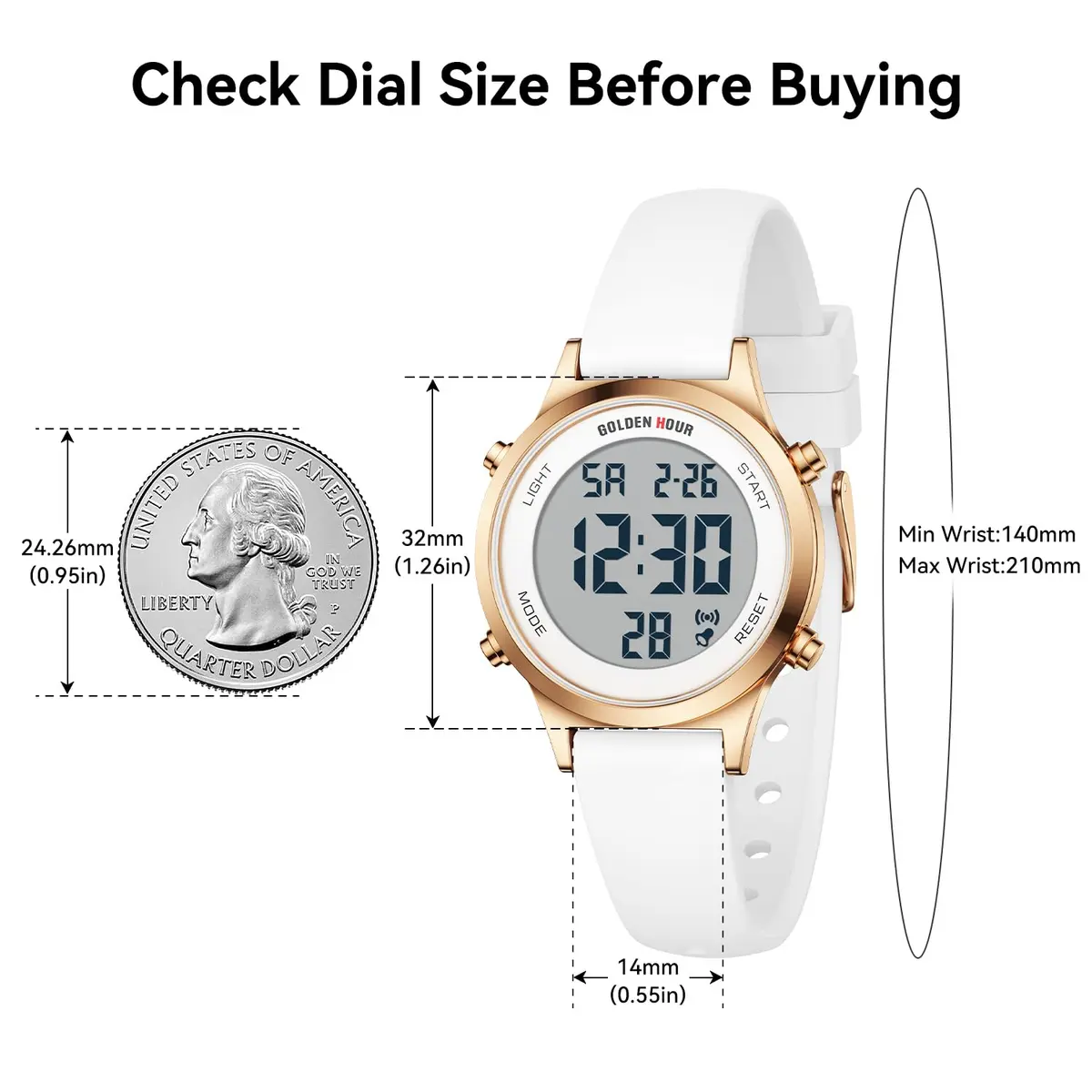 GOLDEN HOUR Women's Waterproof Digital Sports Watch 32mm Rose Gold Case in White Silicone Strap - view 3