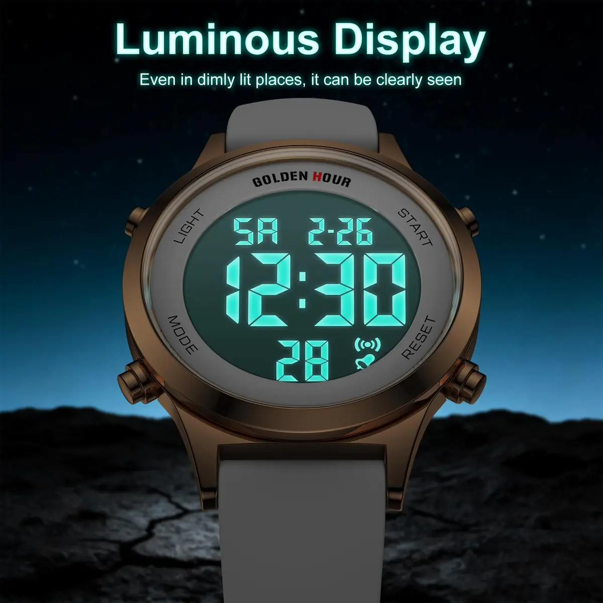 GOLDEN HOUR Women's Waterproof Digital Sports Watch 32mm Rose Gold Case in White Silicone Strap - view 4