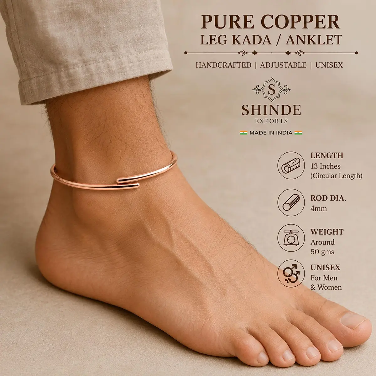 SHINDE EXPORTS Pure Copper Leg Anklet Bracelet Kada for Men and Women | 50gms 4mm Rod, 12-inch Adjustable - view 5