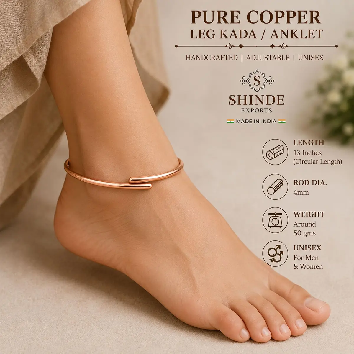 SHINDE EXPORTS Pure Copper Leg Anklet Bracelet Kada for Men and Women | 50gms 4mm Rod, 12-inch Adjustable - view 3