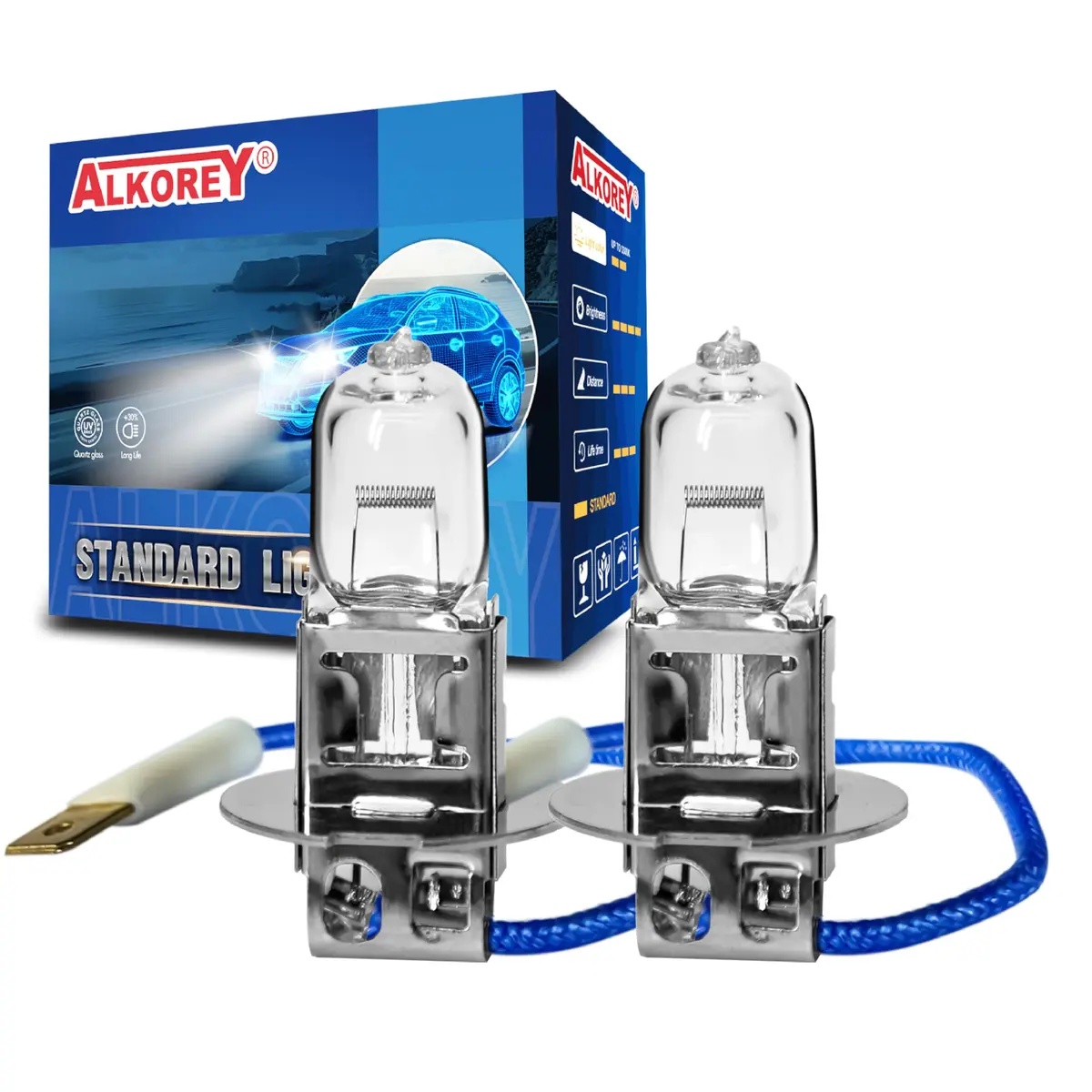 ALKOREY H3 12V 55W Car Headlight Bulb 3300K Warm White | Universal Halogen Low/High Beam (70-120 chars) - main product image