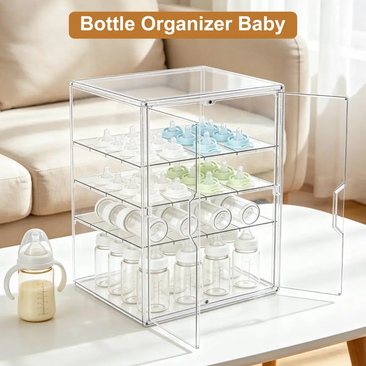 ERTIUANIO 4-Tier Baby Bottle Organizer with Double Doors | Clear Acrylic Countertop Cabinet Storage - view 7