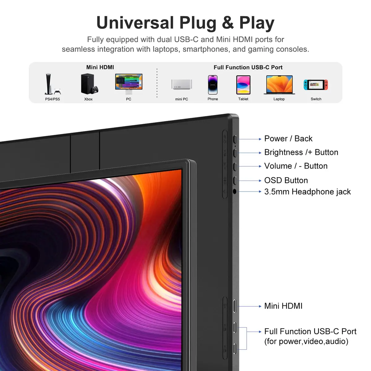 WCV 14 Inch Portable Monitor 1920×1200 IPS | Ultra-Slim Travel Display for Gaming & Work - view 8