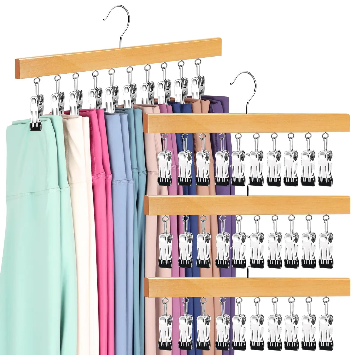 ORROENS Wooden Pants Hangers with Clips for Closet - 4 Pack, Natural Finish | Maximize Closet Space with 360° Rotating Design - main product image