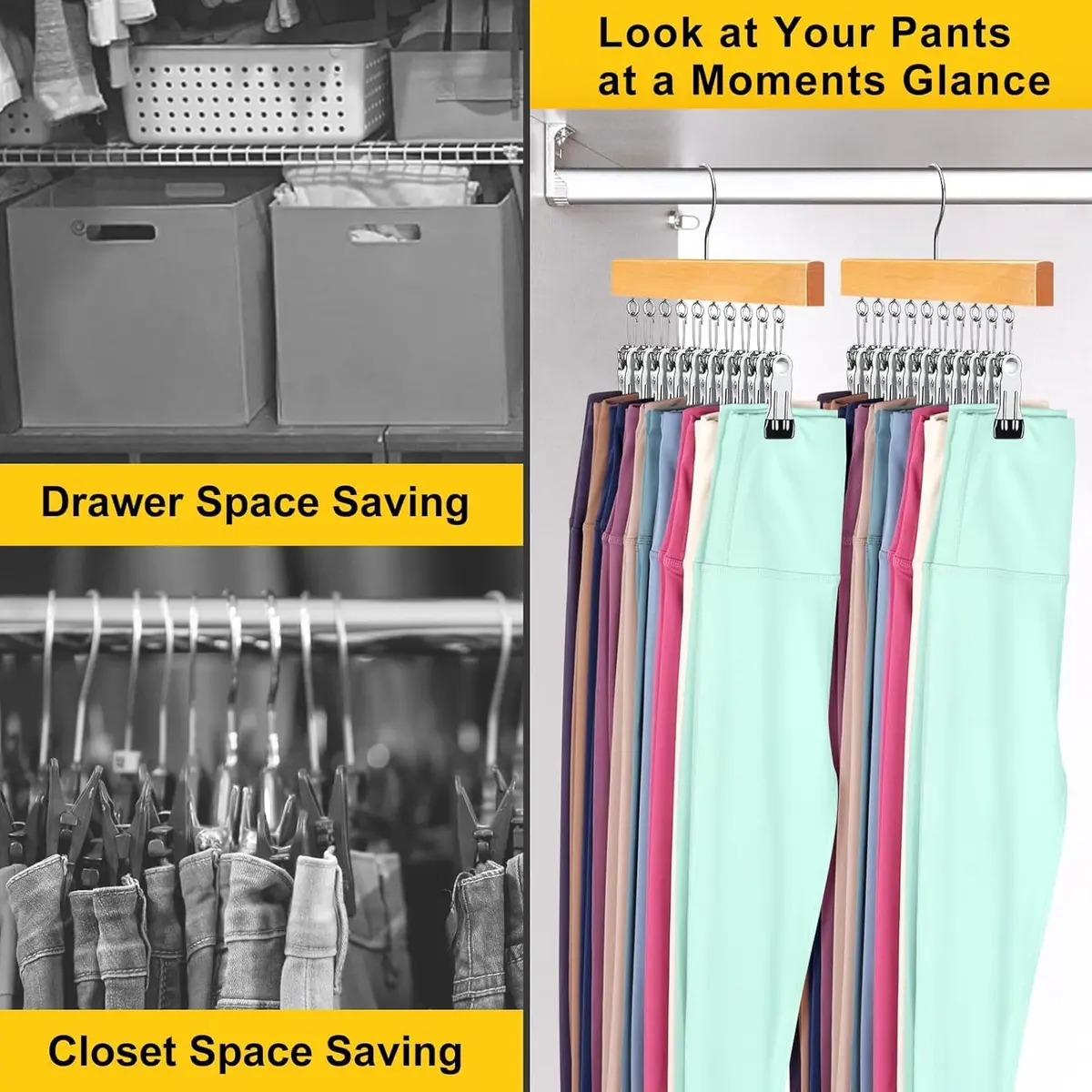 ORROENS Wooden Pants Hangers with Clips for Closet - 4 Pack, Natural Finish | Maximize Closet Space with 360° Rotating Design - view 2