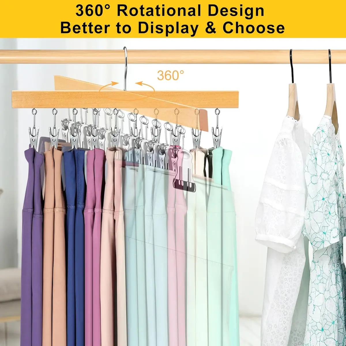 ORROENS Wooden Pants Hangers with Clips for Closet - 4 Pack, Natural Finish | Maximize Closet Space with 360° Rotating Design - view 3
