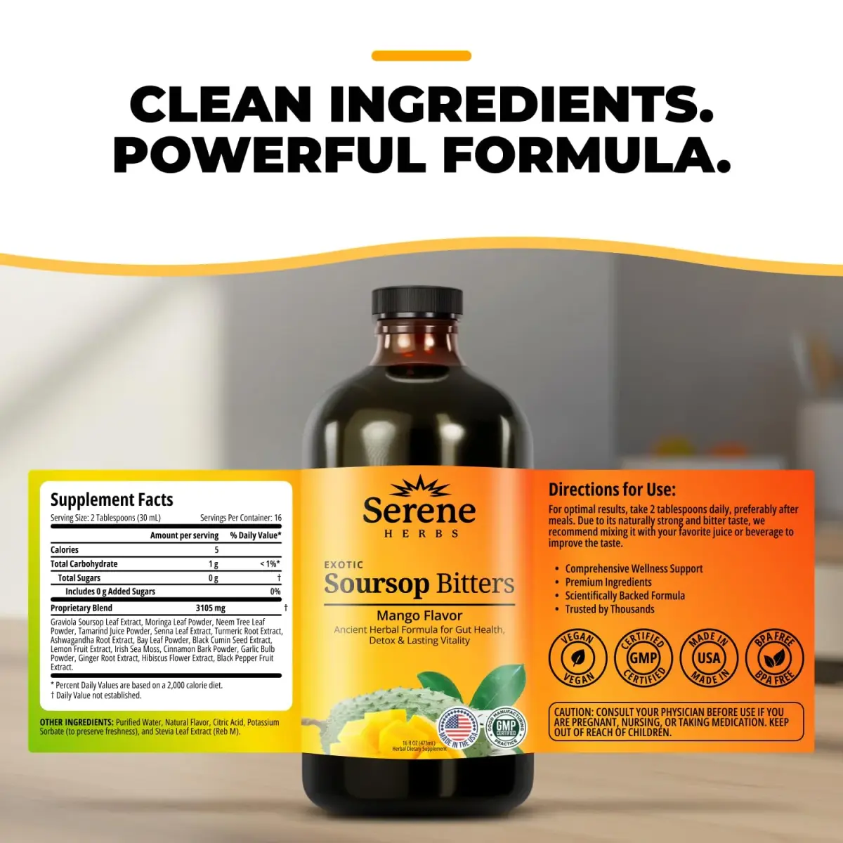 Serene Herbs Soursop Bitters Liquid Mango Flavor 473ml (16 Fl Oz) | Gut Cleanse & Detox Supplement - view 7