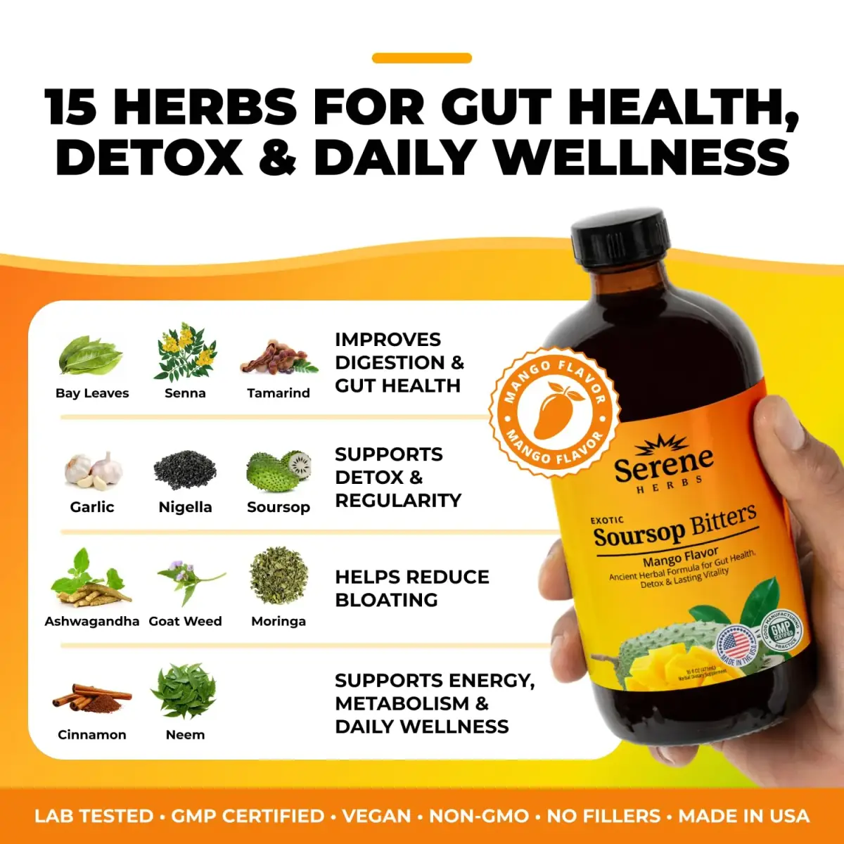 Serene Herbs Soursop Bitters Liquid Mango Flavor 473ml (16 Fl Oz) | Gut Cleanse & Detox Supplement - view 2