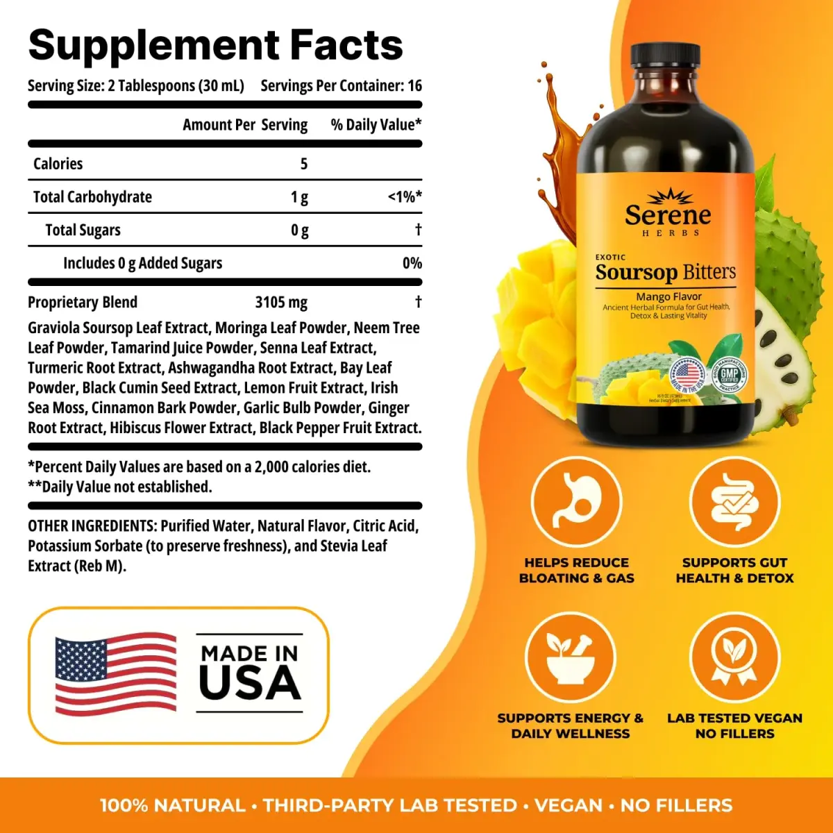 Serene Herbs Soursop Bitters Liquid Mango Flavor 473ml (16 Fl Oz) | Gut Cleanse & Detox Supplement - view 3