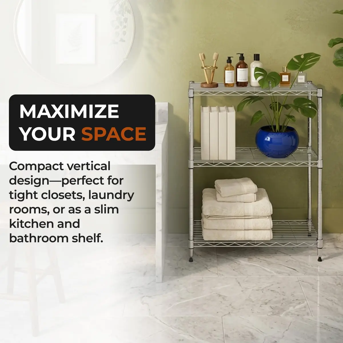 Brutis 3-Tier Metal Wire Shelf, 250 lb/Shelf, Chrome, 13.5x23.3x30.1 in | Heavy-duty storage for home & commercial use - view 5