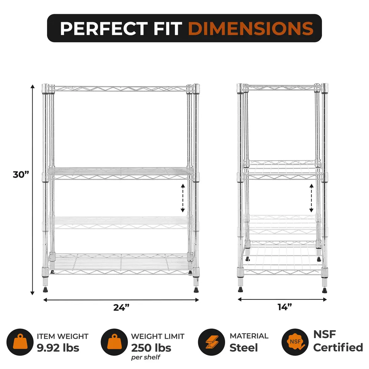 Brutis 3-Tier Metal Wire Shelf, 250 lb/Shelf, Chrome, 13.5x23.3x30.1 in | Heavy-duty storage for home & commercial use - view 9