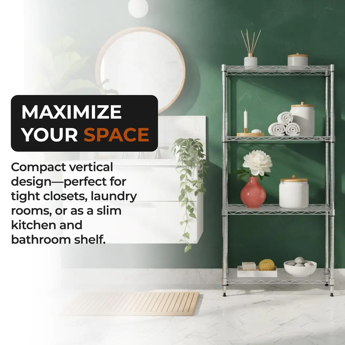 Brutis 4-Tier Metal Wire Shelf, 250 lb/Shelf, Chrome, 13.5x23.3x47.5 in | Heavy-duty Storage - view 5