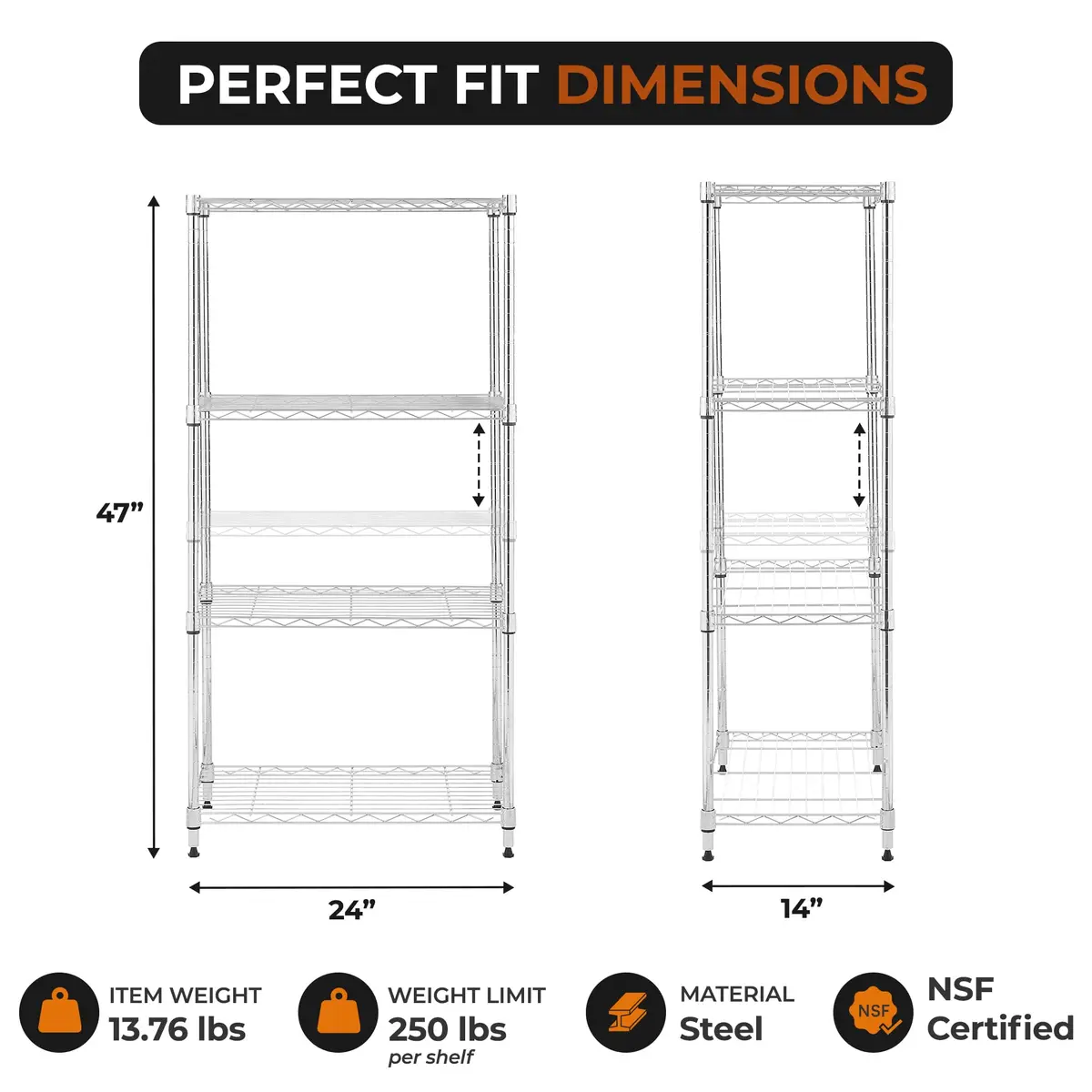Brutis 4-Tier Metal Wire Shelf, 250 lb/Shelf, Chrome, 13.5x23.3x47.5 in | Heavy-duty Storage - view 9