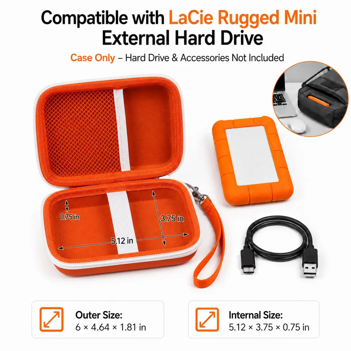 ALKOO Case for LaCie Rugged Mini 1TB/2TB/4TB/5TB External Hard Drive | Tangerine Orange Hard Shell Organizer with Accessory Pocket - view 2