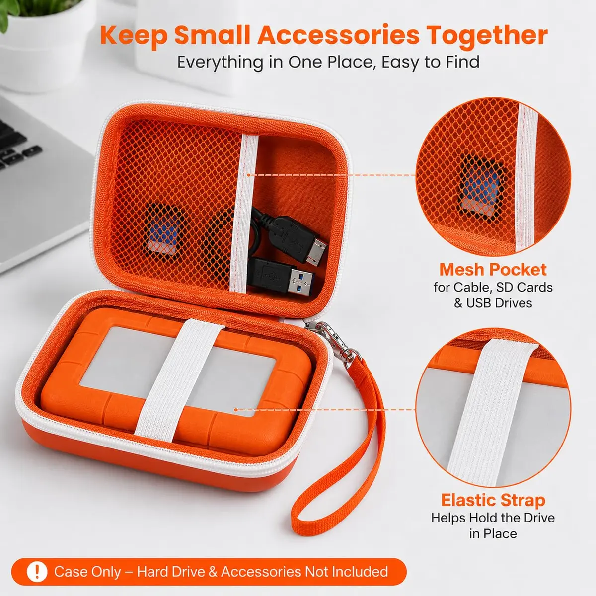 ALKOO Case for LaCie Rugged Mini 1TB/2TB/4TB/5TB External Hard Drive | Tangerine Orange Hard Shell Organizer with Accessory Pocket - view 3