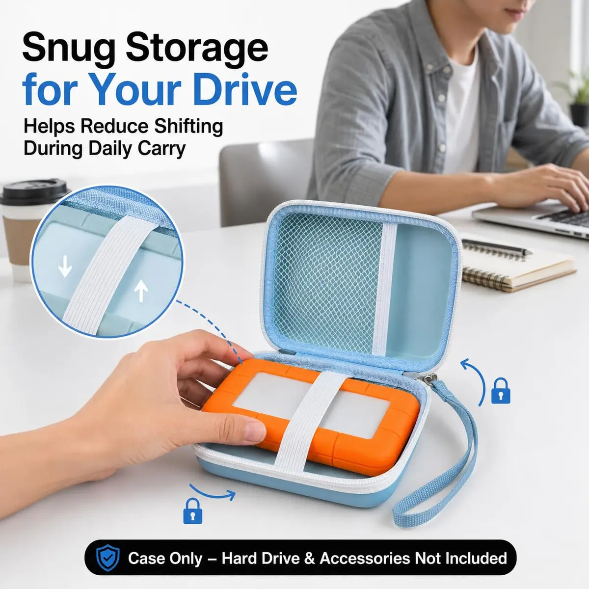 ALKOO Case for LaCie Rugged Mini External Hard Drive | Blue Hard Shell Organizer with Accessory Pocket & Wrist Strap - view 4