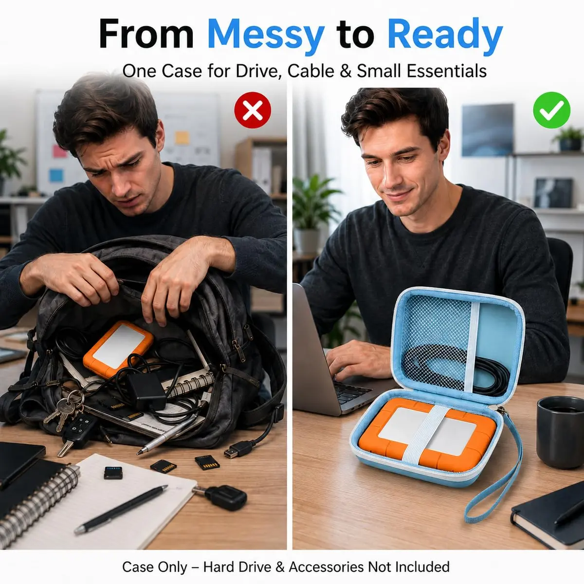 ALKOO Case for LaCie Rugged Mini External Hard Drive | Blue Hard Shell Organizer with Accessory Pocket & Wrist Strap - view 7