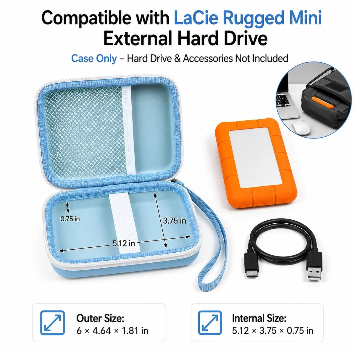 ALKOO Case for LaCie Rugged Mini External Hard Drive | Blue Hard Shell Organizer with Accessory Pocket & Wrist Strap - view 2