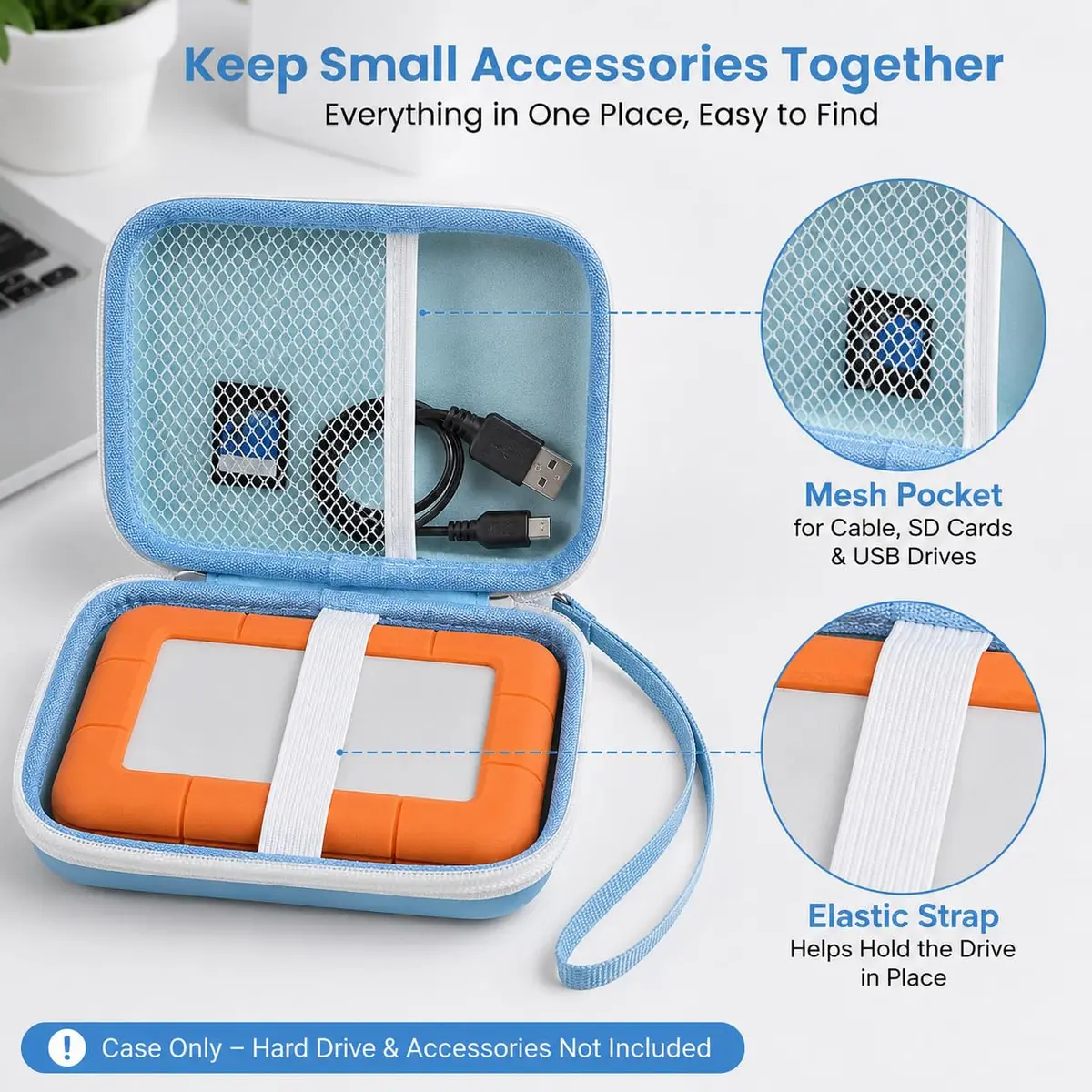 ALKOO Case for LaCie Rugged Mini External Hard Drive | Blue Hard Shell Organizer with Accessory Pocket & Wrist Strap - view 3