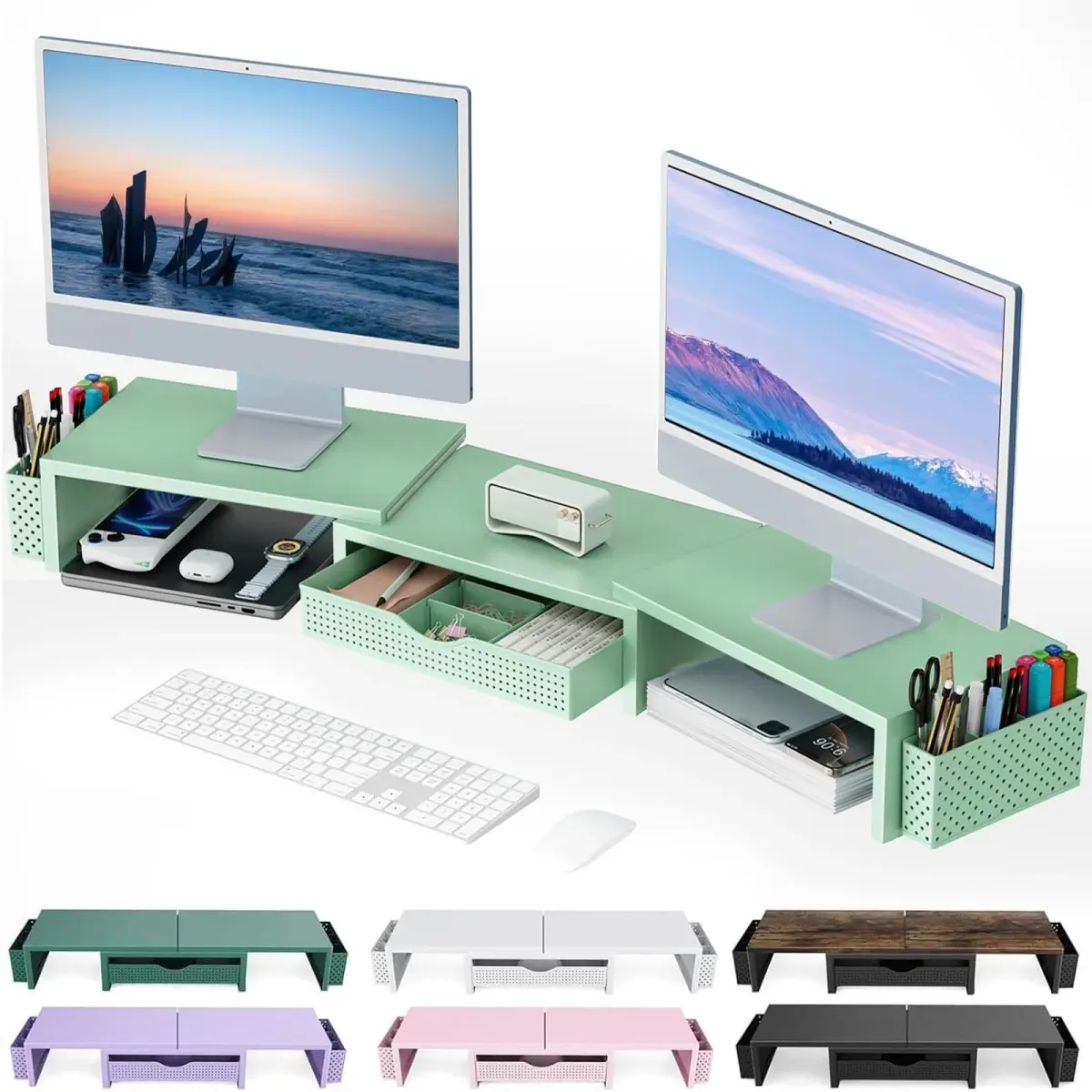 gianotter Dual Monitor Stand Riser With Drawer & Pen Holders, 40.6cm (15.98in) Length, Sage Green | USPTO Patented Design for Desk Organization - main product image