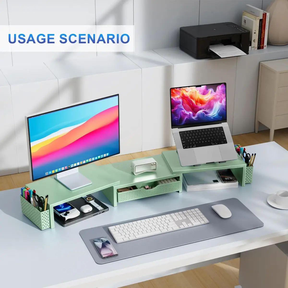 gianotter Dual Monitor Stand Riser With Drawer & Pen Holders, 40.6cm (15.98in) Length, Sage Green | USPTO Patented Design for Desk Organization - view 5