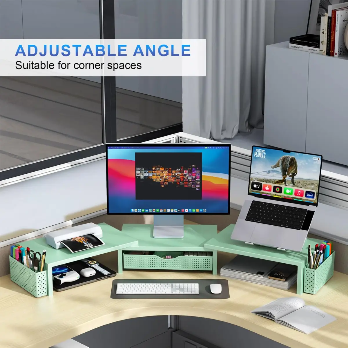 gianotter Dual Monitor Stand Riser With Drawer & Pen Holders, 40.6cm (15.98in) Length, Sage Green | USPTO Patented Design for Desk Organization - view 3