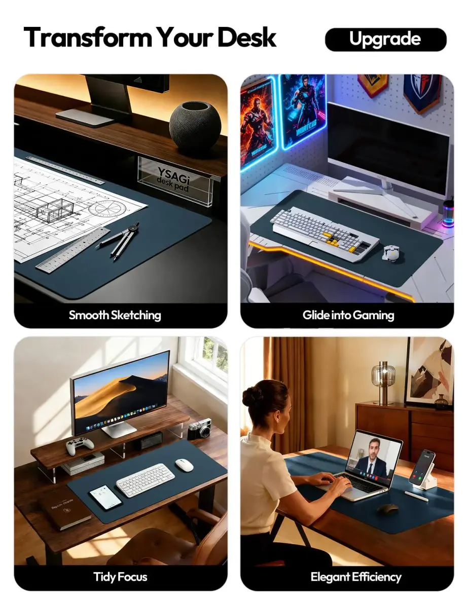 YSAGi PU Leather Desk Protector Mat, Large Mouse Pad, Waterproof Writing Pad (Dark Blue, 42" x 17.2") - view 2