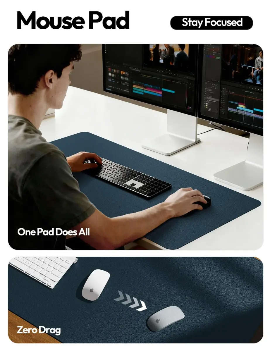 YSAGi PU Leather Desk Protector Mat, Large Mouse Pad, Waterproof Writing Pad (Dark Blue, 42" x 17.2") - view 4