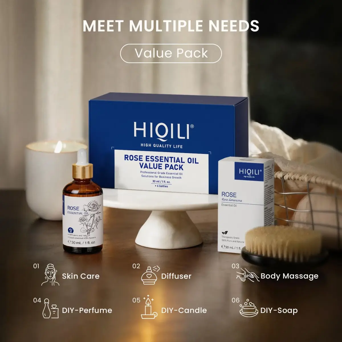 HIQILI Rose Essential Oil Set with Stable Quality, 6 x 1 fl oz Bottles | Authentic USA Import for Skin Care & Aromatherapy - view 4