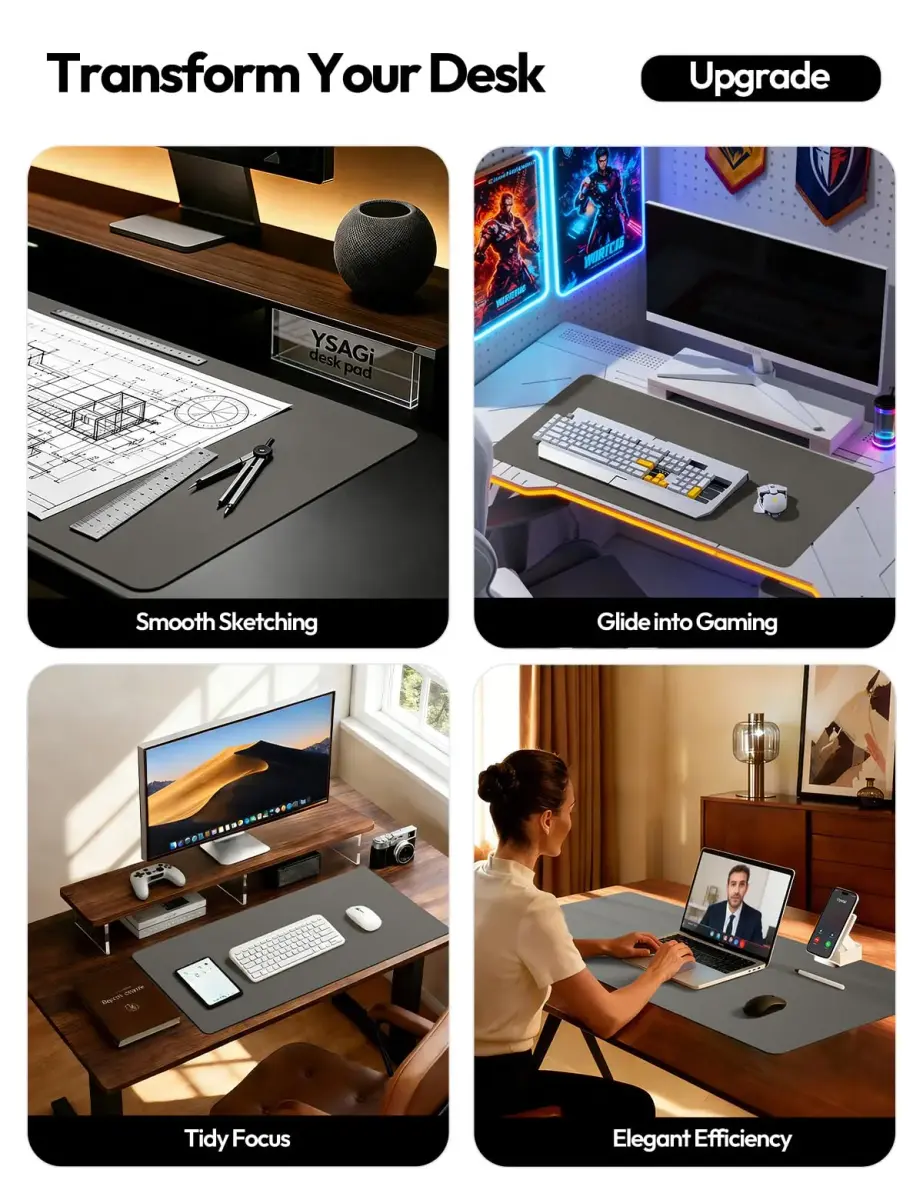 YSAGi Leather Desk Protector Mat, Large Mouse Pad, Dark Grey (63" x 17.2") | Protects Your Desk from Scratches and Spills - view 2