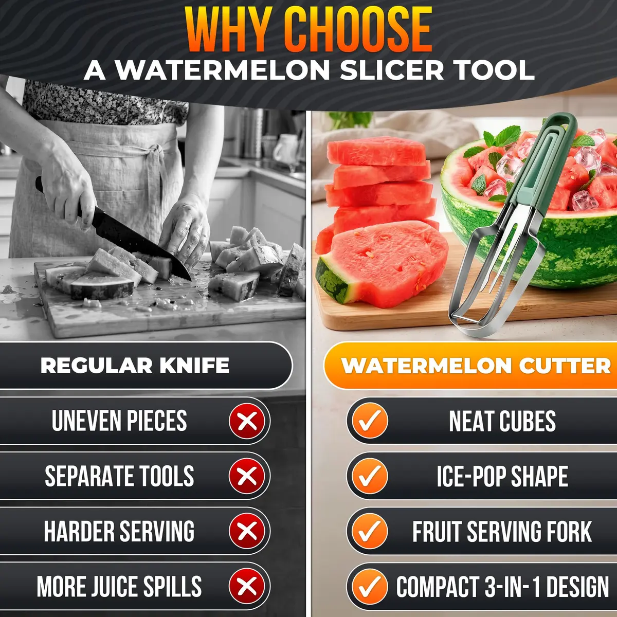 BURIUS Watermelon Cutter Slicer Tool 3-in-1 | Stainless Steel Fruit Prep Tool for Picnics & Kitchen - view 8