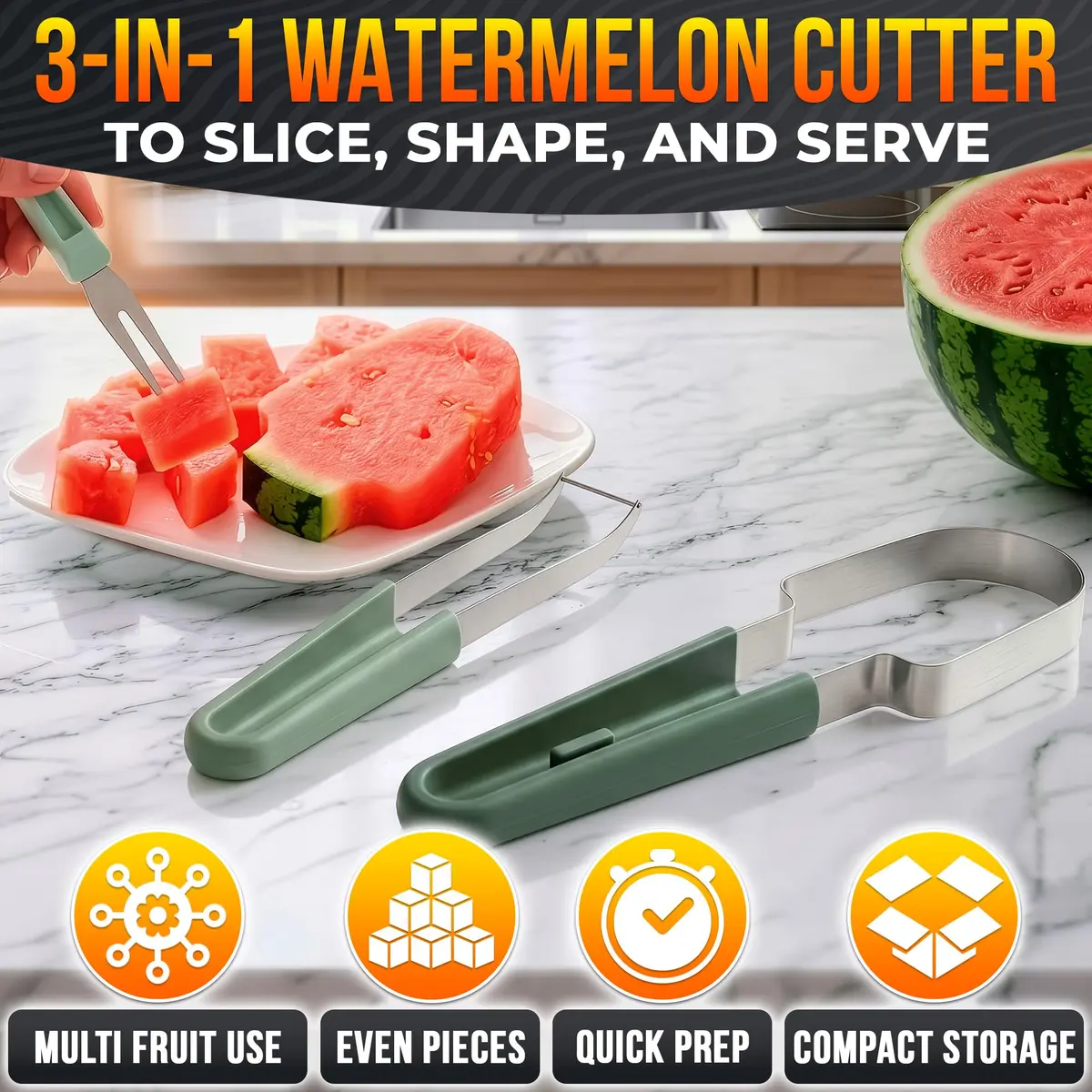 BURIUS Watermelon Cutter Slicer Tool 3-in-1 | Stainless Steel Fruit Prep Tool for Picnics & Kitchen - view 4