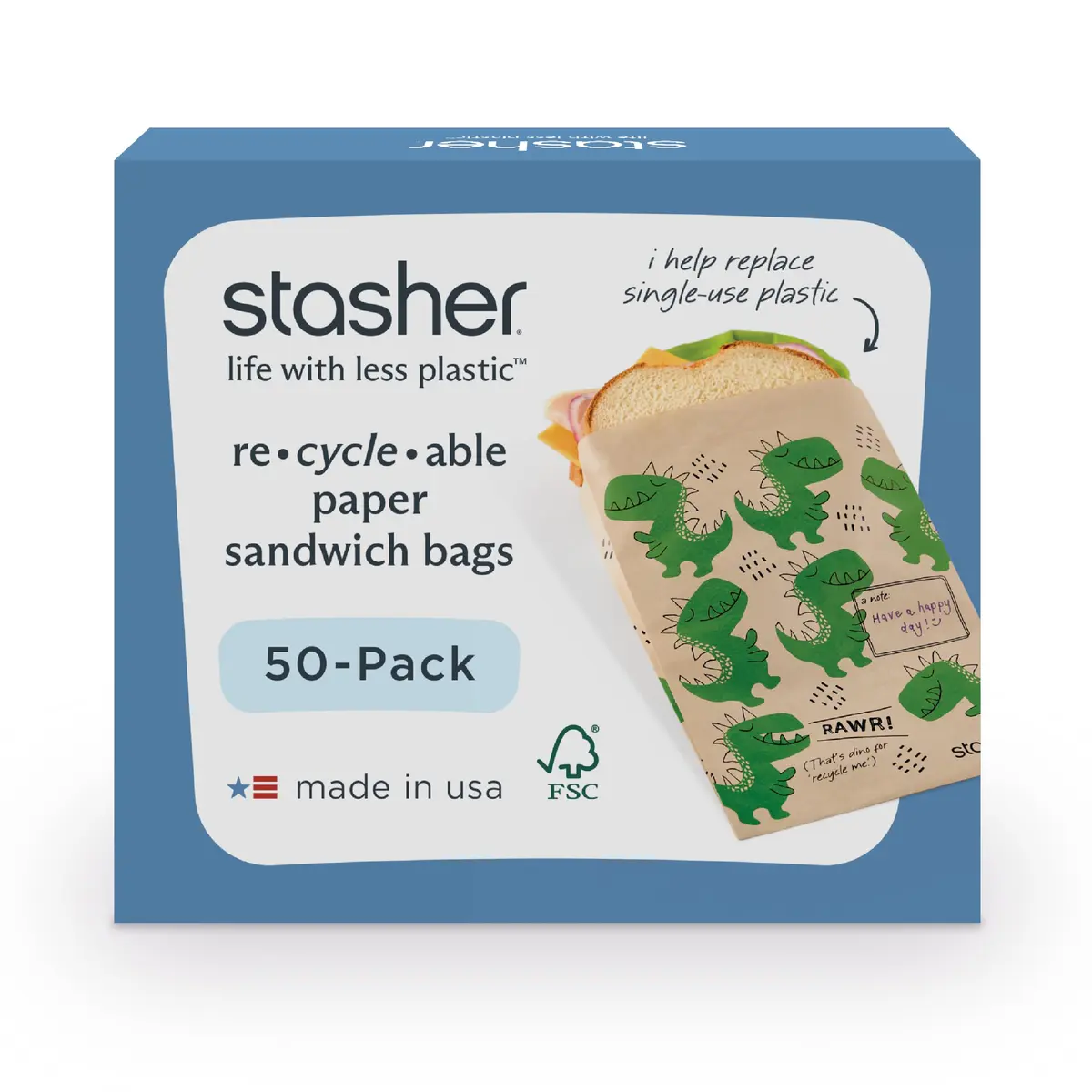 Stasher Recyclable Kraft Paper Sandwich Bags for Kids 50 ct Dino | Eco-Friendly, Reusable, Made in USA - main product image
