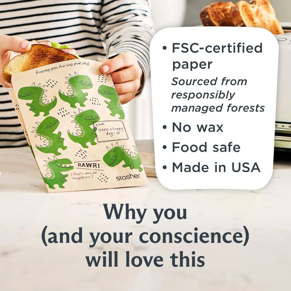 Stasher Recyclable Kraft Paper Sandwich Bags for Kids 50 ct Dino | Eco-Friendly, Reusable, Made in USA - view 6