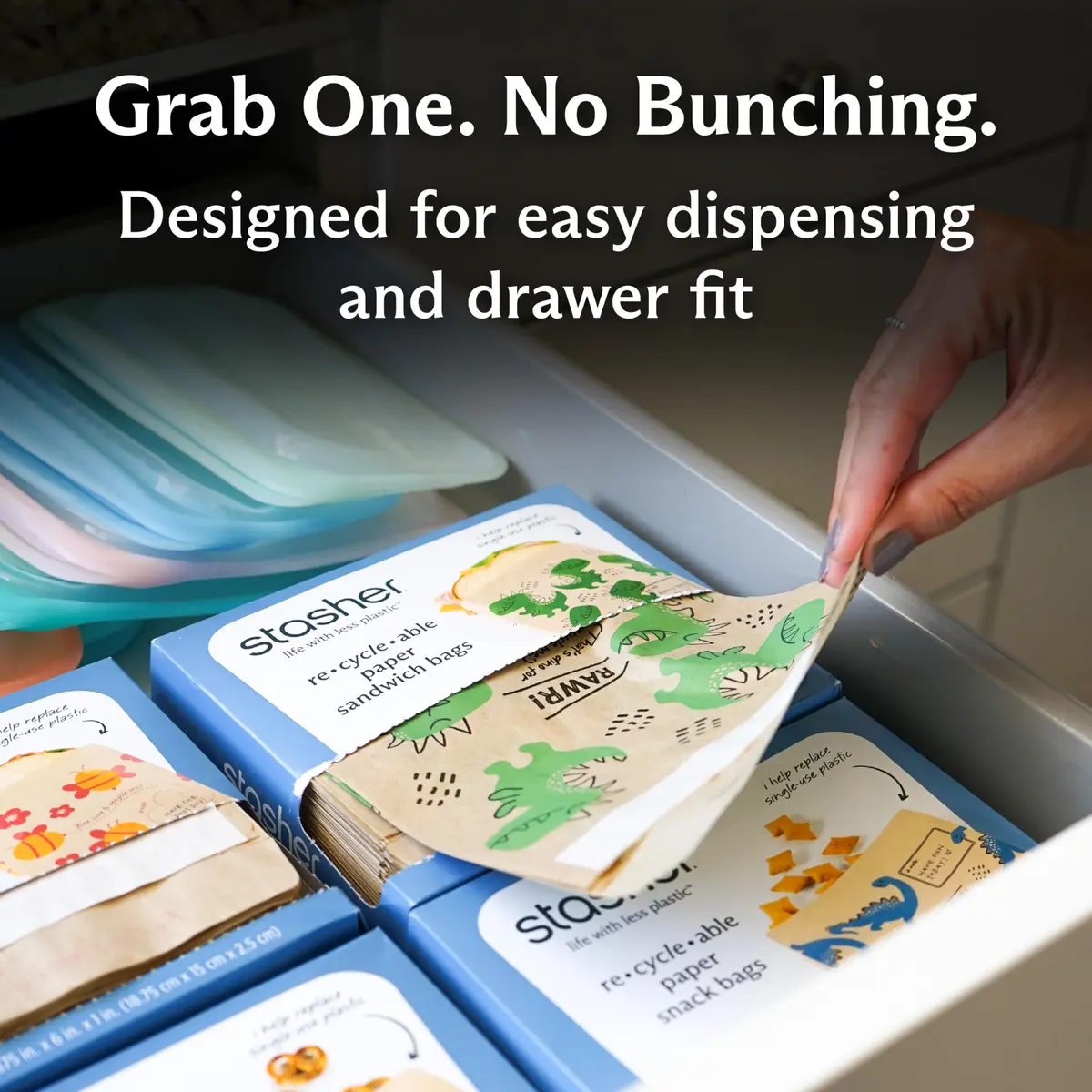 Stasher Recyclable Kraft Paper Sandwich Bags for Kids 50 ct Dino | Eco-Friendly, Reusable, Made in USA - view 7
