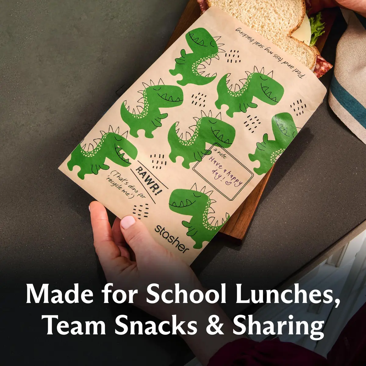 Stasher Recyclable Kraft Paper Sandwich Bags for Kids 50 ct Dino | Eco-Friendly, Reusable, Made in USA - view 2