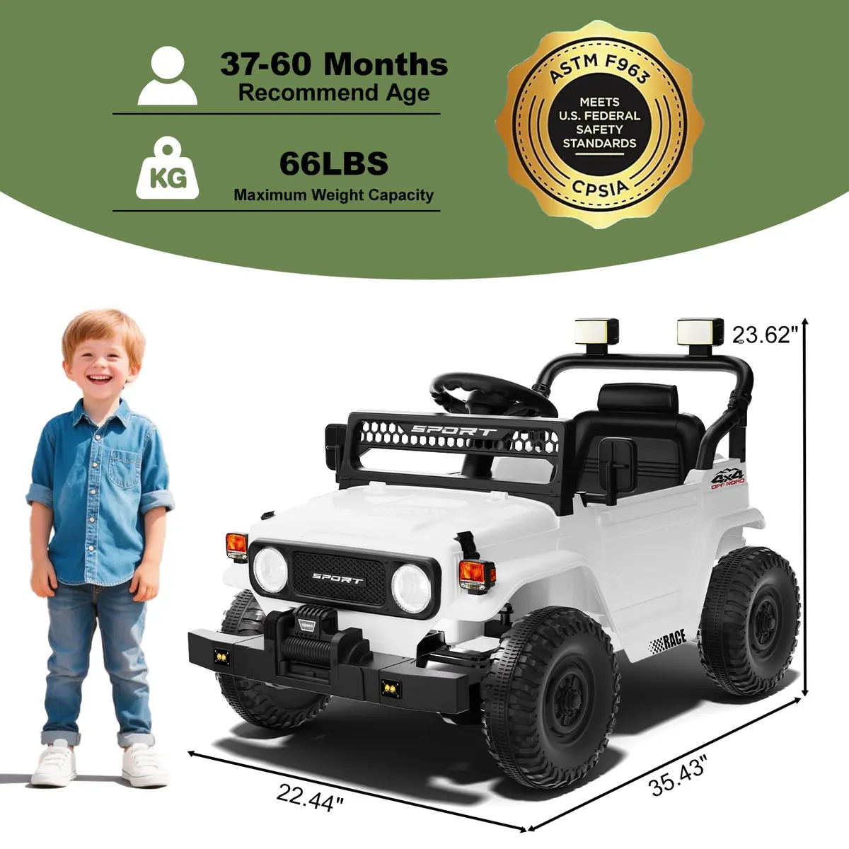 YunTopKids Kid Car 12V 7Ah Ride On Toy with Remote Control | White - view 5