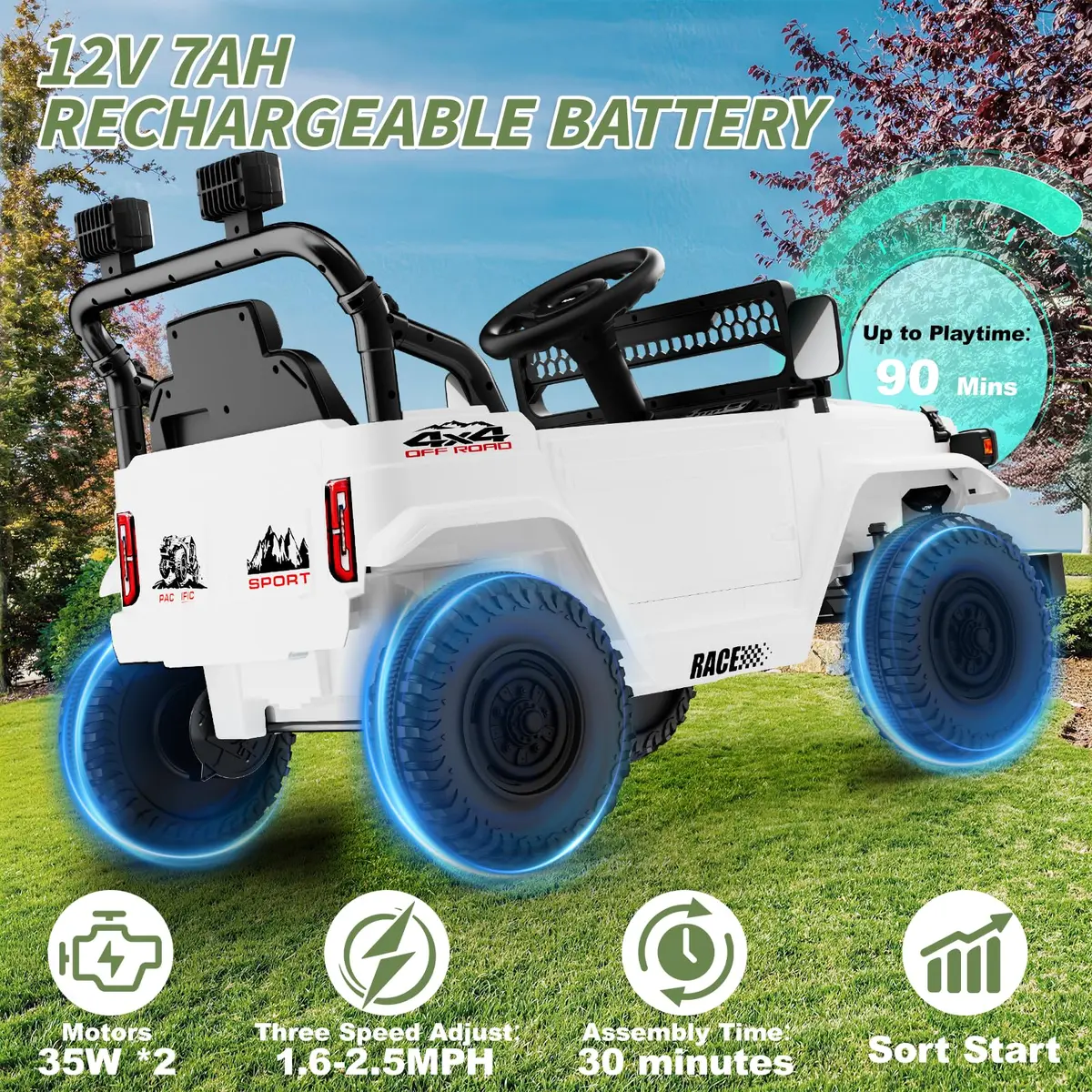 YunTopKids Kid Car 12V 7Ah Ride On Toy with Remote Control | White - view 3