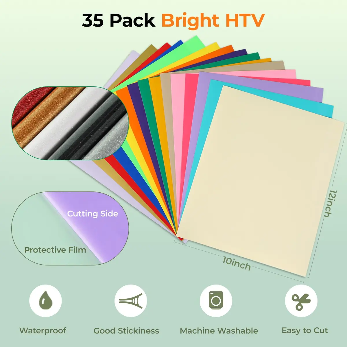HTVRONT Heat Transfer Vinyl 35 Pack | 29 Colors + 5 Glitter Sheets, 12" x 10" | Durable & Easy Weeding - view 5
