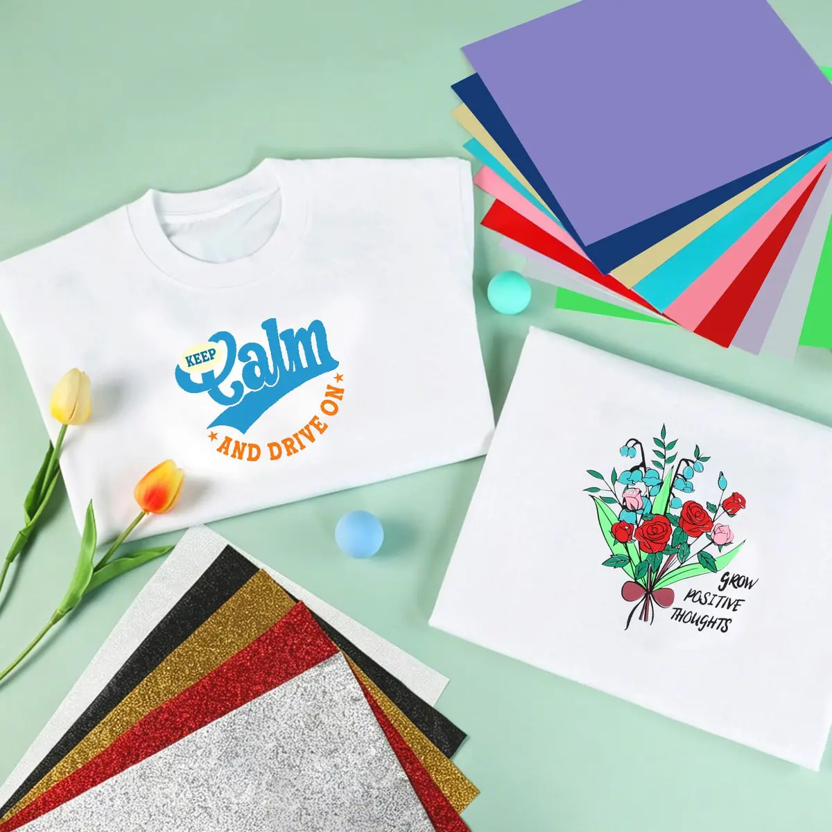 HTVRONT Heat Transfer Vinyl 35 Pack | 29 Colors + 5 Glitter Sheets, 12" x 10" | Durable & Easy Weeding - view 6