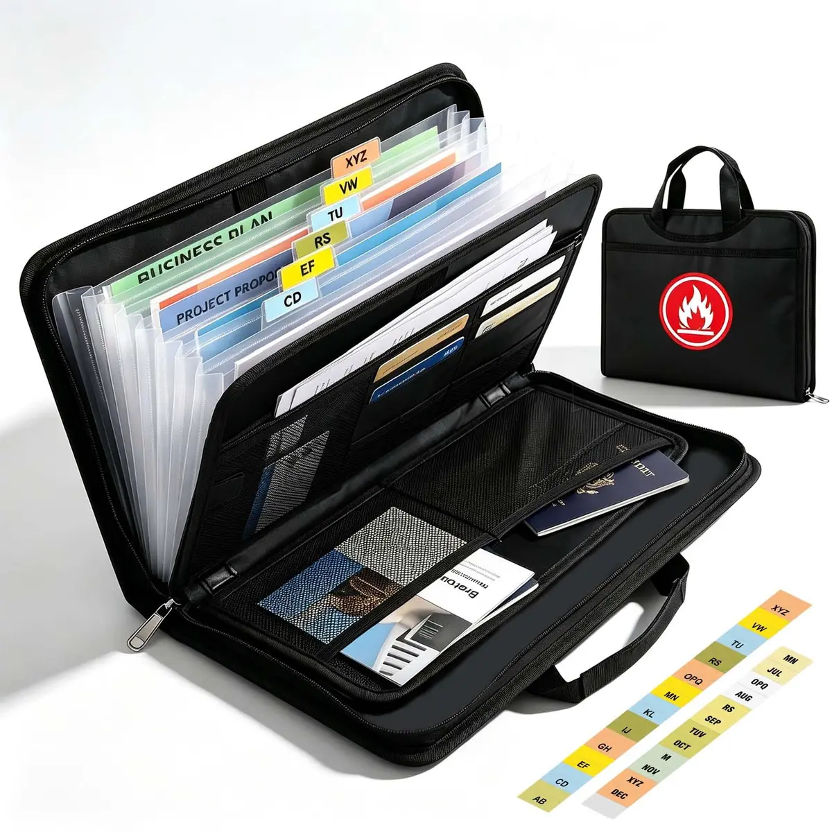 WRIYES Fireproof Accordion File Organizer Bag A4 13 Pockets Black | Fire-Resistant Document Storage - main product image