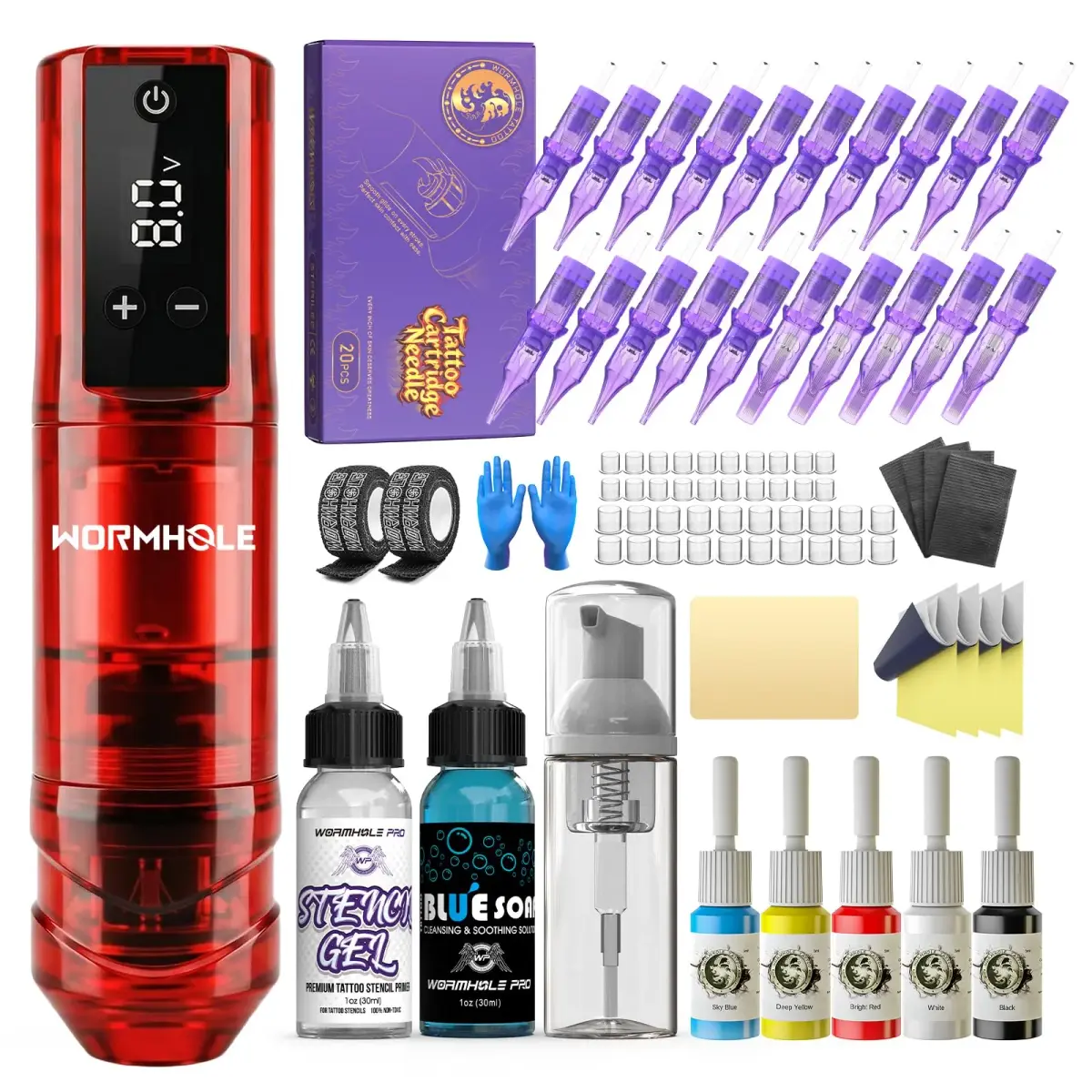 Wormhole Wireless Tattoo Gun Kit for Beginners with 1800mAh Battery & Blue Algae Cleanser (Red) - main product image