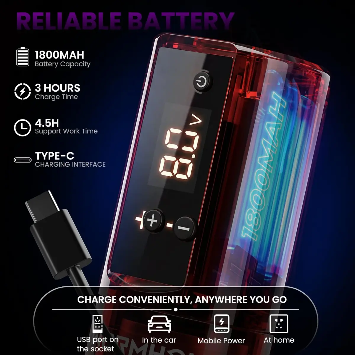 Wormhole Wireless Tattoo Gun Kit for Beginners with 1800mAh Battery & Blue Algae Cleanser (Red) - view 5