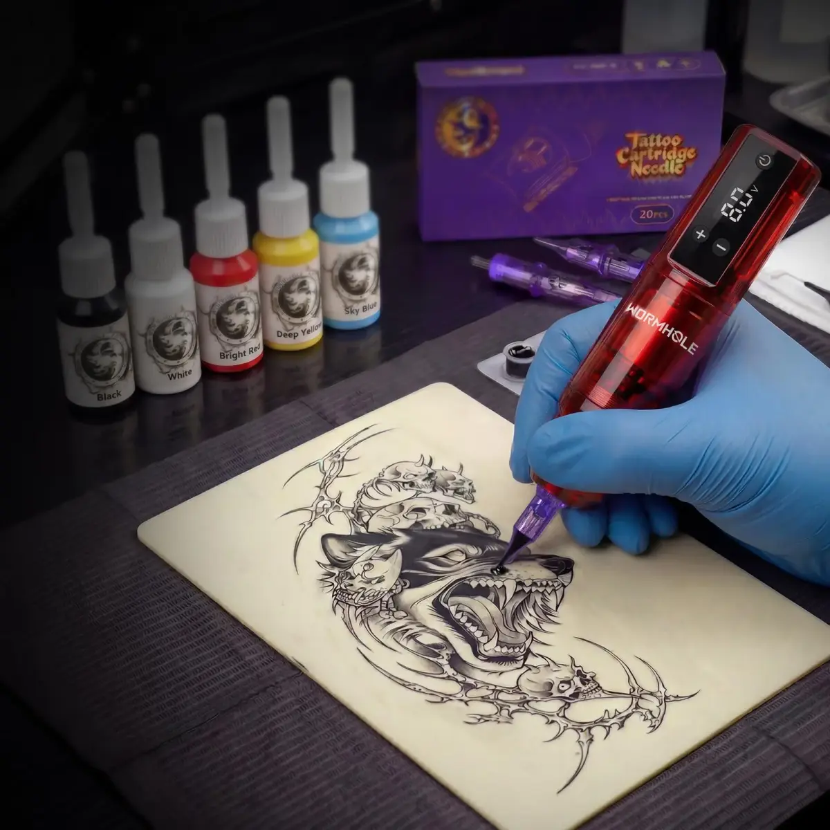 Wormhole Wireless Tattoo Gun Kit for Beginners with 1800mAh Battery & Blue Algae Cleanser (Red) - view 8