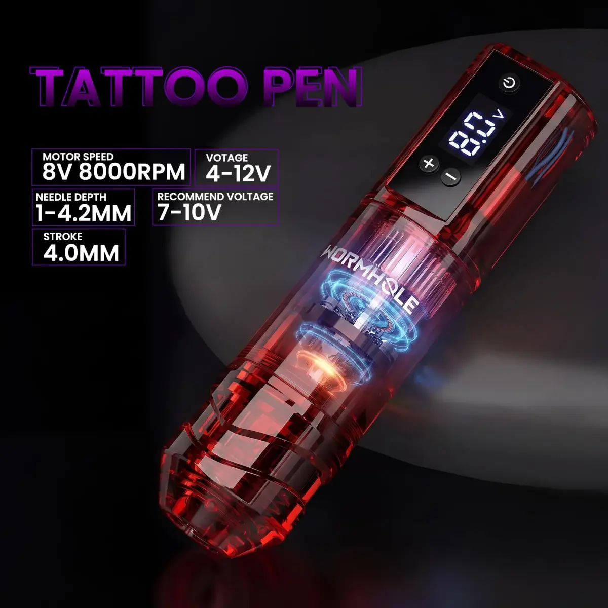 Wormhole Wireless Tattoo Gun Kit for Beginners with 1800mAh Battery & Blue Algae Cleanser (Red) - view 2
