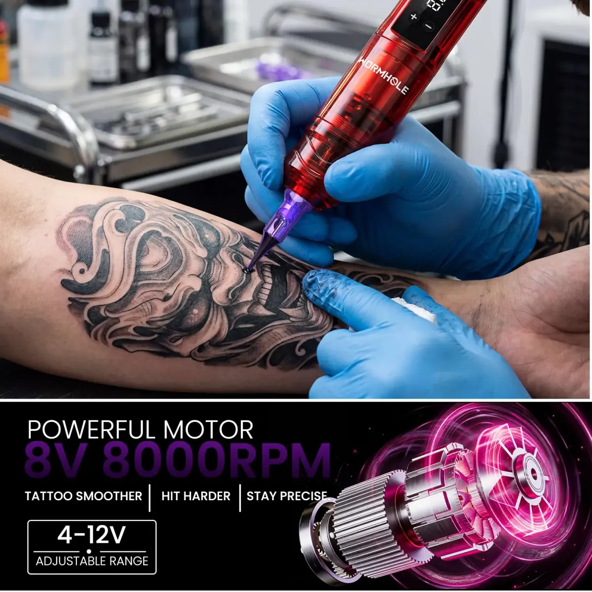 Wormhole Wireless Tattoo Gun Kit for Beginners with 1800mAh Battery & Blue Algae Cleanser (Red) - view 4