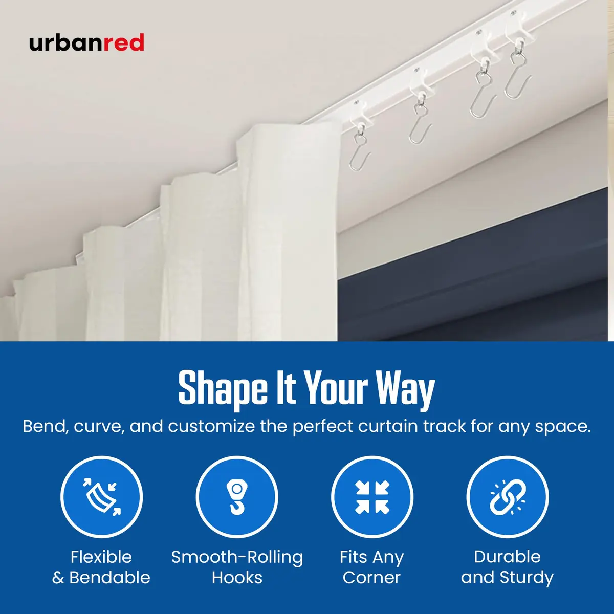 UrbanRed Flexible Ceiling Curtain Track Kit 2m (6.5 ft) White | Bendable PVC Room Divider Rail - view 6