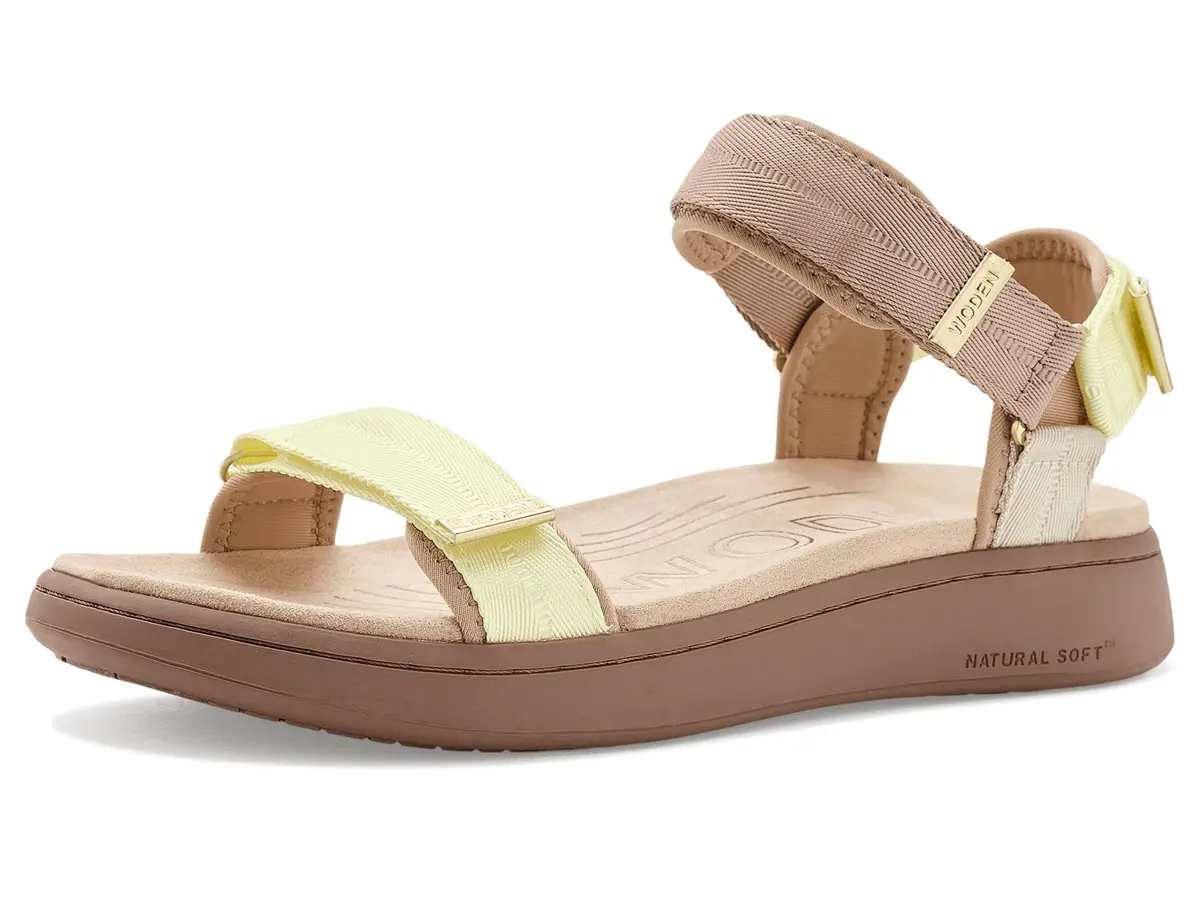 Woden Women's Line Sandals Taupe Multi 7.5 Medium | Recycled, Adjustable Velcro Straps, Flat Heel - main product image